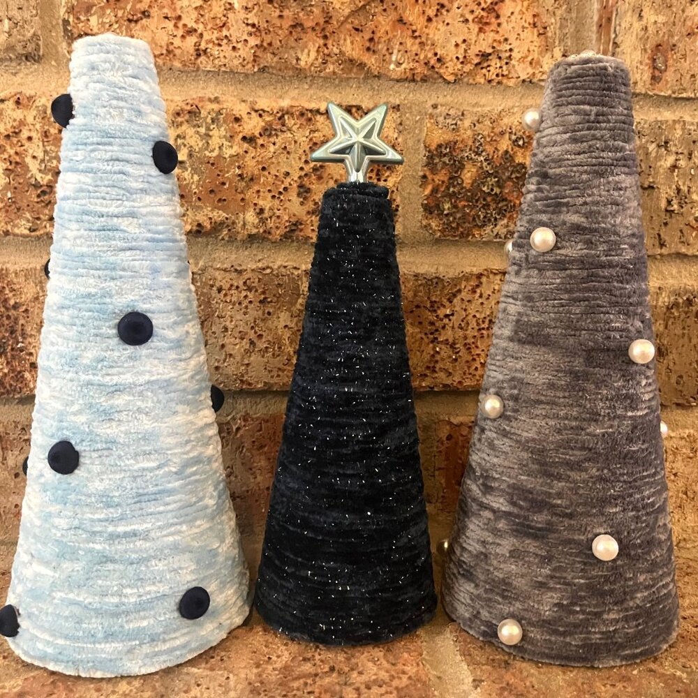 Set Of 3 Light Blue Gray and Navy Christmas Trees Cone Trees Yarn Rope Trees